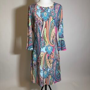 Tommy Hilfiger Psychedelic Paisley Bell Sleeve Shift Dress Sz 10 Retro 60s Boho